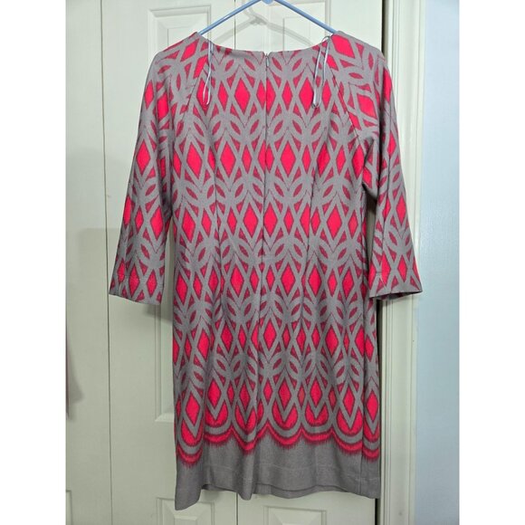 Pink & Gray Geometric Print 3/4 Sleeve Retro Shift Dress By Just Taylor - Size 4 - Picture 2 of 4